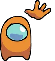 an orange among us character with a hand waving in the air