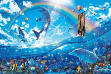 a painting of dolphins swimming in the ocean with a rainbow and hot air balloons .