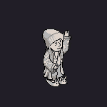 a pixel art drawing of a baby wearing a white robe and hat .