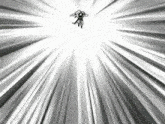 a black and white drawing of a person flying through the air in front of a bright light .