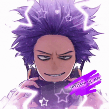 a drawing of a man with purple hair and the name hitoshi de mel on the bottom