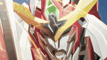 a close up of a robot 's head with a sword