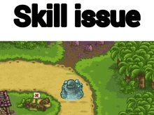 a cartoon landscape with the words skill issue written above it