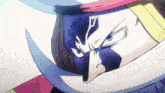 a close up of a cartoon character 's face with a beard and a sword .