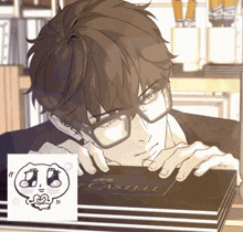 a drawing of a man with glasses looking at a book that says castell