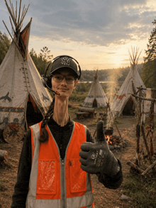 a man wearing a ny hat giving a thumbs up in front of a teepee