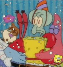 a cartoon of spongebob patrick and squidward wearing birthday hats