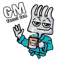 a cartoon drawing of a hand holding a cup of tan ssi