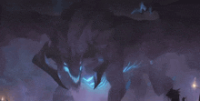 a painting of a monster with blue lights coming out of it 's mouth