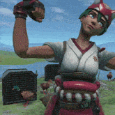 a video game character flexes her muscles in front of a few ducks