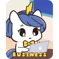 a cartoon of a unicorn sitting at a desk with a laptop and the word business written below it