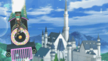 a girl is riding a train in front of a castle with mountains in the background