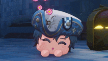 a cartoon character is wearing a blue and white hat with flowers on it