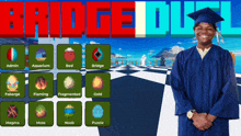 a man in a graduation cap and gown is standing in front of a bridge duel game