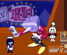 a pixel art drawing of a cartoon character standing in front of a sign that says tv