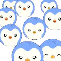 a bunch of blue and white penguin faces with a yellow beak on a white background
