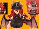 a girl with red hair is wearing a black rockstar hat