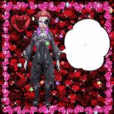 a cartoon character with a speech bubble and hearts in the background