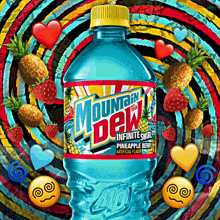 a bottle of mountain dew pineapple berry is surrounded by pineapples and strawberries