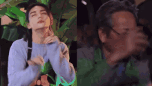 a woman in a blue sweater is dancing next to a man in glasses