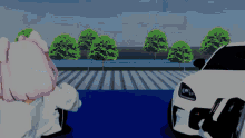 a white car is parked in front of a girl with pink hair