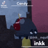 a cartoon character named candy is standing next to a yellow bell in a room .