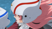 a girl with pink hair is wearing a white helmet with a red stripe