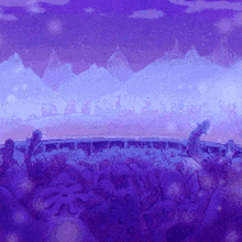 a purple background with mountains in the background and a crowd of people