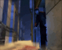 a painting of a man standing in a hallway with a bloody floor .