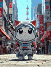 a cartoon cat in a space suit is standing on a sidewalk