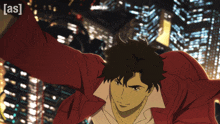 a man in a red jacket stands in front of a city skyline with the word [ as ] above him