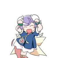 a cartoon of a girl with purple hair and a blue coat