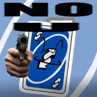 a hand is pointing a gun at a uno card