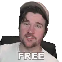 a man with a beard wearing a hat and a white shirt that says free