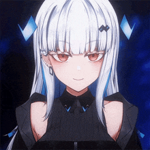 a girl with white hair and red eyes is wearing a black top