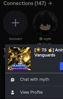 a screenshot of a chat with myth anime vanguards