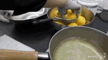 a person is sifting lemons into a pot of liquid that says made in animatica on the bottom