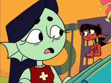 a cartoon character with a red cross on her shirt