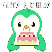 a green penguin is holding a birthday cake with two candles on it