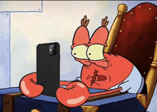 a cartoon character is sitting on a chair looking at a cell phone .