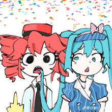 a cartoon drawing of two girls with confetti in the background and the word cherry on the bottom right