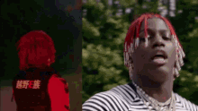 a man with red hair and dreadlocks is wearing a striped shirt and a red vest .