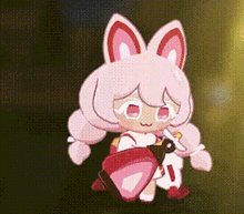 a cookie run character with pink hair and bunny ears is holding a sword .