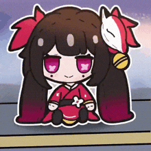 a cartoon drawing of a girl with purple eyes and a fox mask on her head