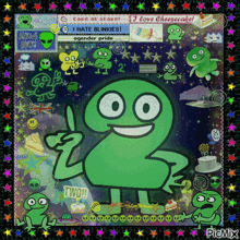 a picture of a green cartoon character with the word two on it