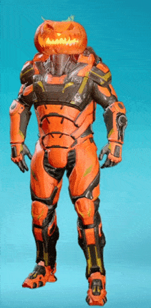 a futuristic soldier with a pumpkin on his head ..