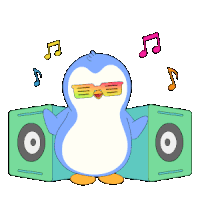 a penguin wearing sunglasses is standing in front of two speakers surrounded by music notes
