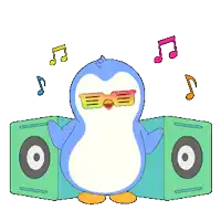 a penguin wearing sunglasses is standing in front of two speakers surrounded by music notes