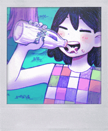a drawing of a girl drinking from a bottle that says milk on it
