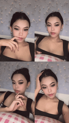 a collage of four pictures of a woman with a black top
